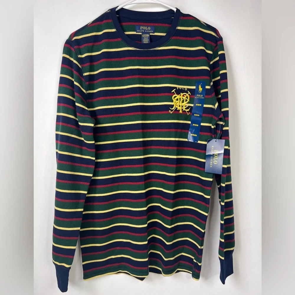 NWT POLO RALPH LAUREN Sleepwear‎ Waffle Knit Crew Neck Logo Embroidered Striped